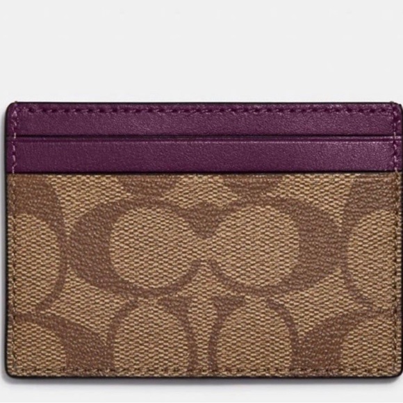 Coach Card Case In Signature Canvas Khaki Boysenberry Slim Holder Wallet NWT - Picture 3 of 7